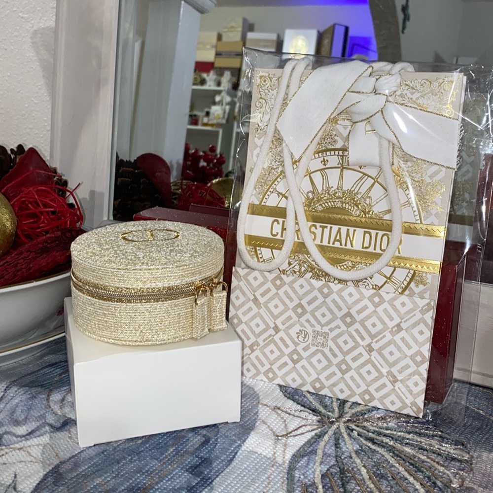 Dior Gold Round Jewelry Case with Holiday Gift bag